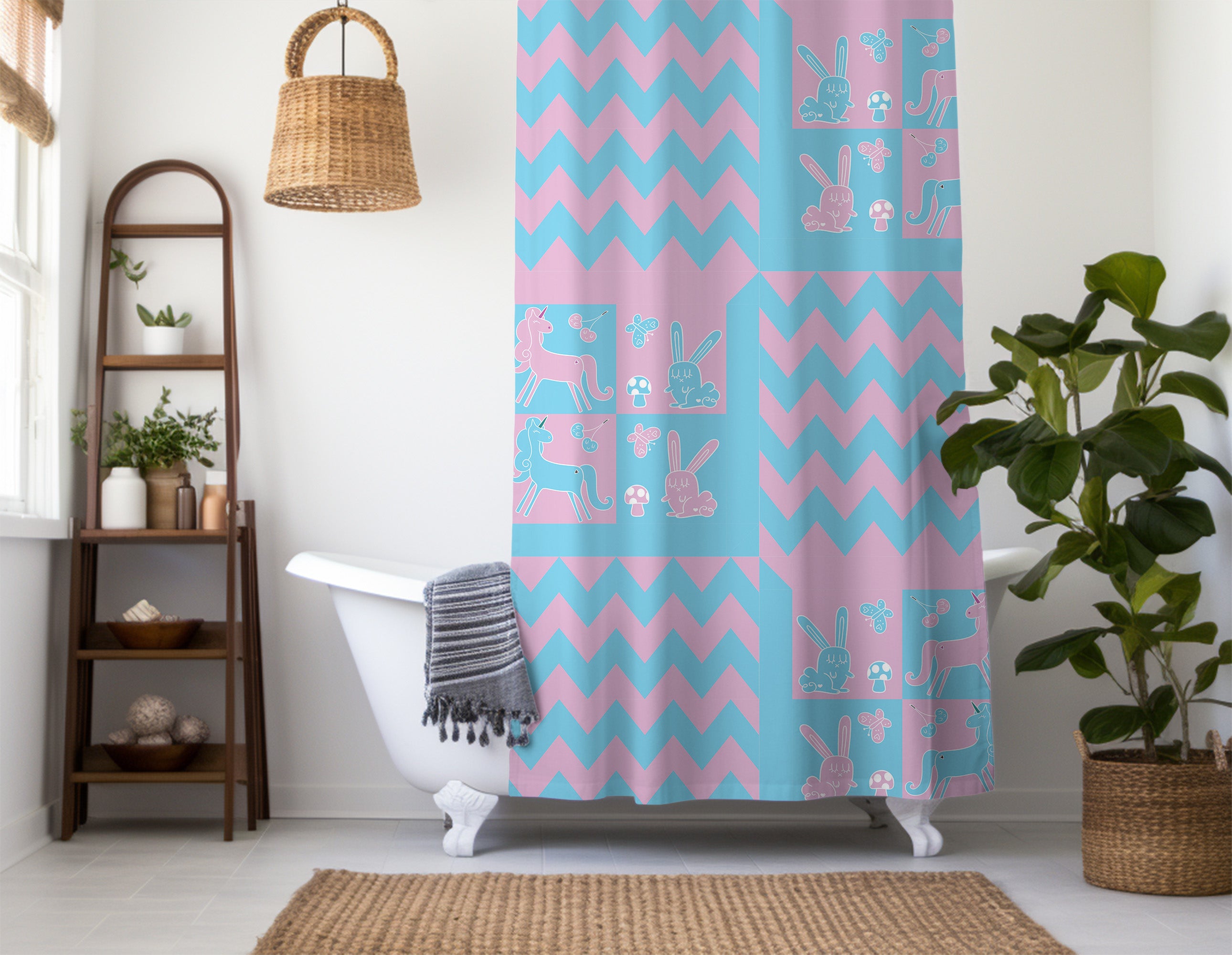 Checkered Blue Pink Shower curtain. Unicorn Rabbit Neon Punk, Vibrant Geometric Colorful Kids bathroom, Machine Washable, Polyester, Water and Mildew Resistant, Multiple sizes with Hooks