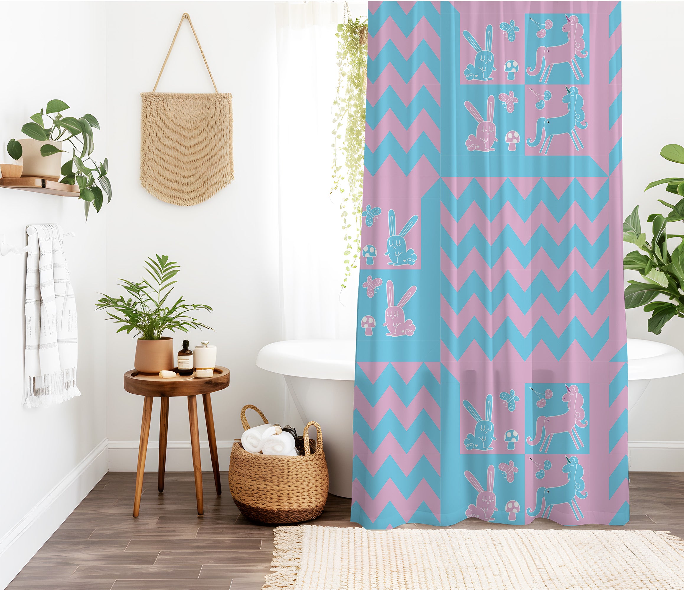 Checkered Blue Pink Shower curtain. Unicorn Rabbit Neon Punk, Vibrant Geometric Colorful Kids bathroom, Machine Washable, Polyester, Water and Mildew Resistant, Multiple sizes with Hooks