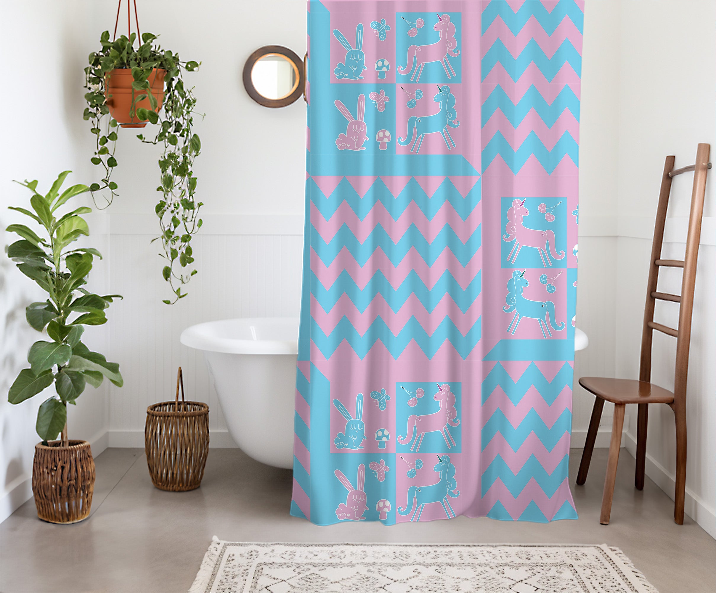 Checkered Blue Pink Shower curtain. Unicorn Rabbit Neon Punk, Vibrant Geometric Colorful Kids bathroom, Machine Washable, Polyester, Water and Mildew Resistant, Multiple sizes with Hooks
