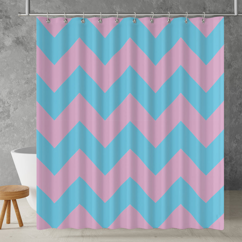 pink and blue chevron shower curtain in a bathroom setting