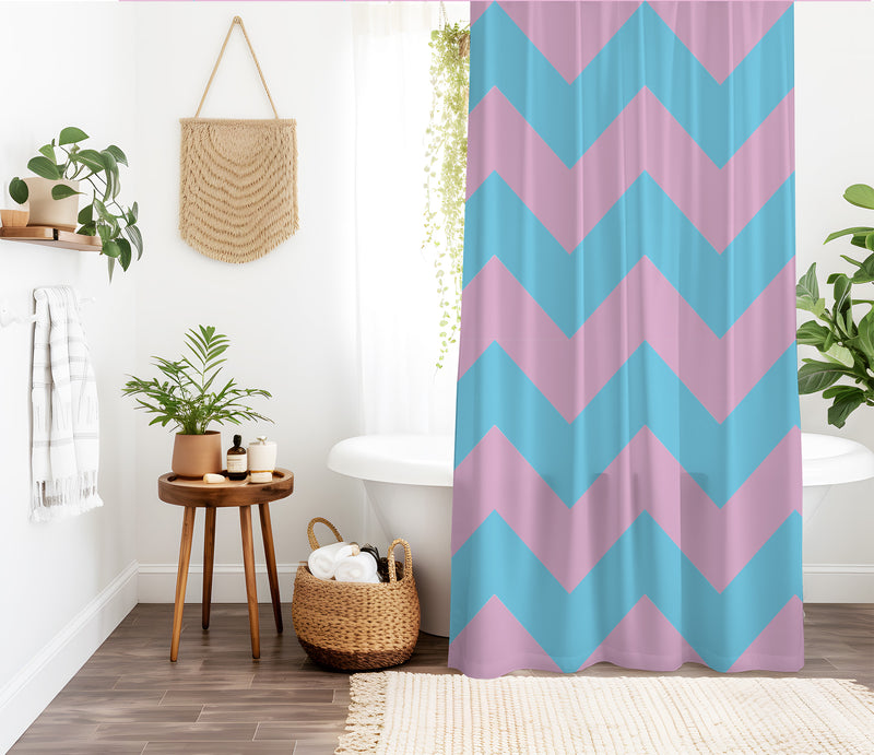 Zigzag Shower Curtain - A blue and pink, geometric bright colorful unicorn and rabbits design. Made from water-resistant, lightweight polyester fabric. Available in various sizes.