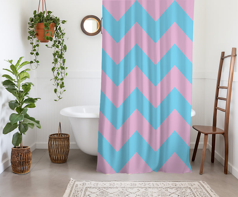 Zigzag Shower Curtain - A blue and pink, geometric bright colorful unicorn and rabbits design. Made from water-resistant, lightweight polyester fabric. Available in various sizes.