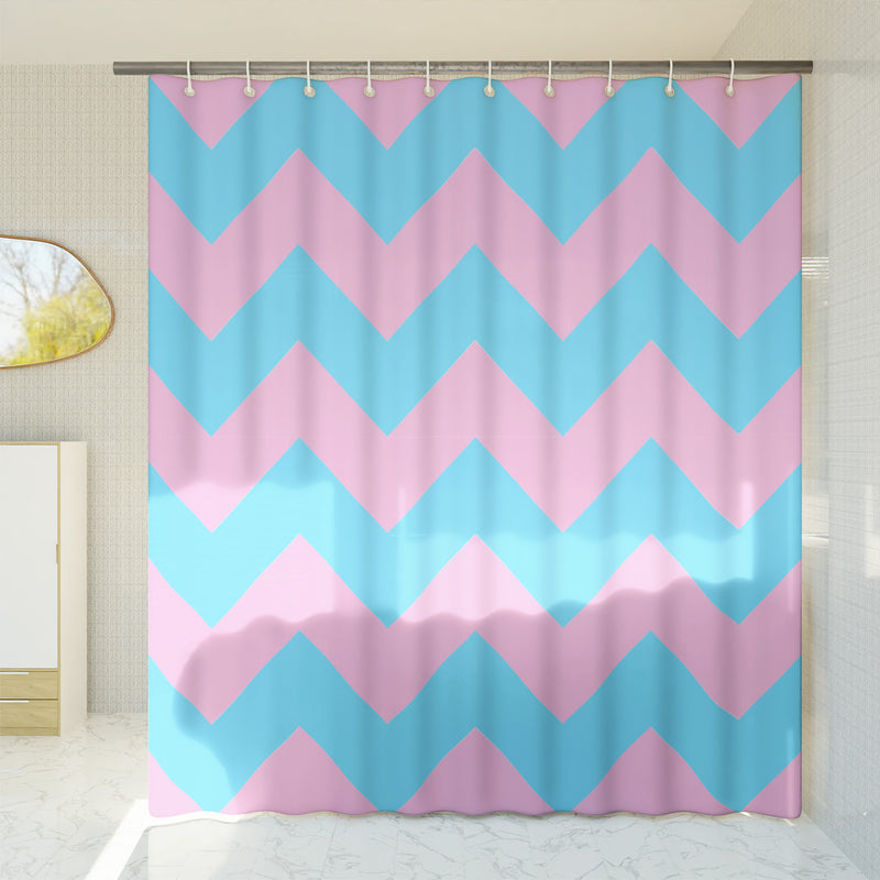 Zigzag Shower Curtain - A blue and pink, geometric bright colorful unicorn and rabbits design. Made from water-resistant, lightweight polyester fabric. Available in various sizes.