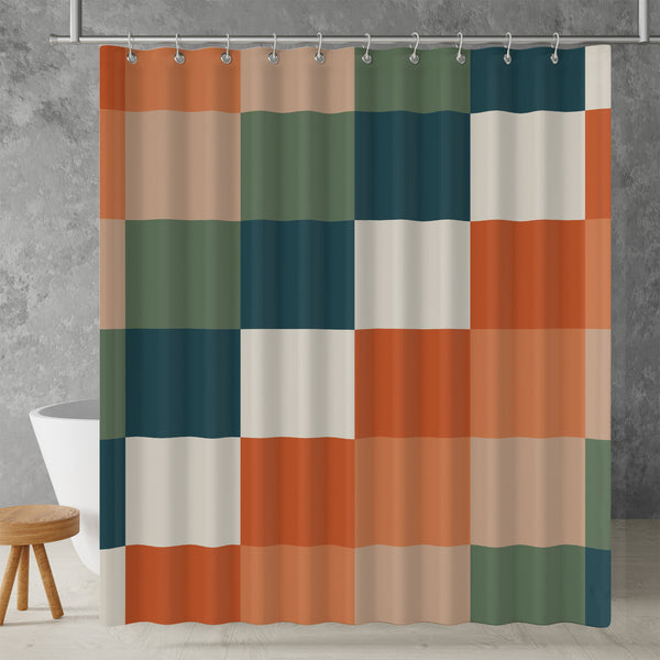 Checkered Shower Curtain - A sage green, orange, beige geometric bright colorful boho aesthetic. Made from water-resistant, lightweight polyester fabric. Available in various sizes.