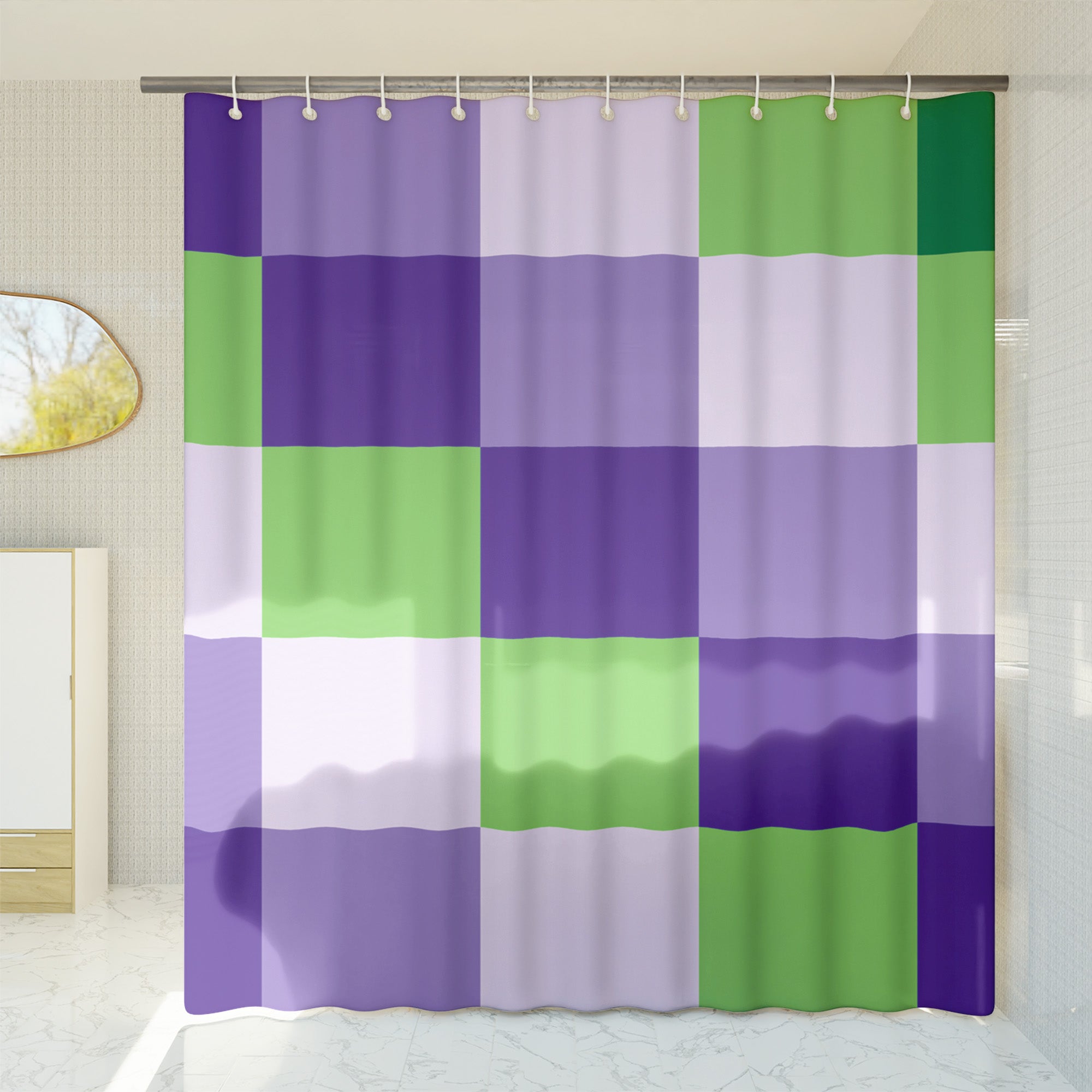 Checkered Green Purple Lavender Shower curtain. Boho Aesthetic, Vibrant Geometric Colorful bathroom, Machine Washable, Polyester, Water and Mildew Resistant, Multiple sizes with Hooks