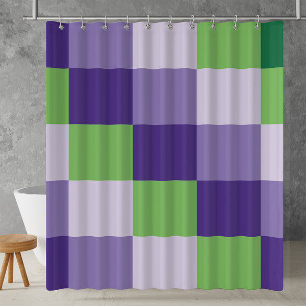 Checkered Shower Curtain - A green, purple, lavender geometric bright colorful boho aesthetic. Made from water-resistant, lightweight polyester fabric. Available in various sizes.