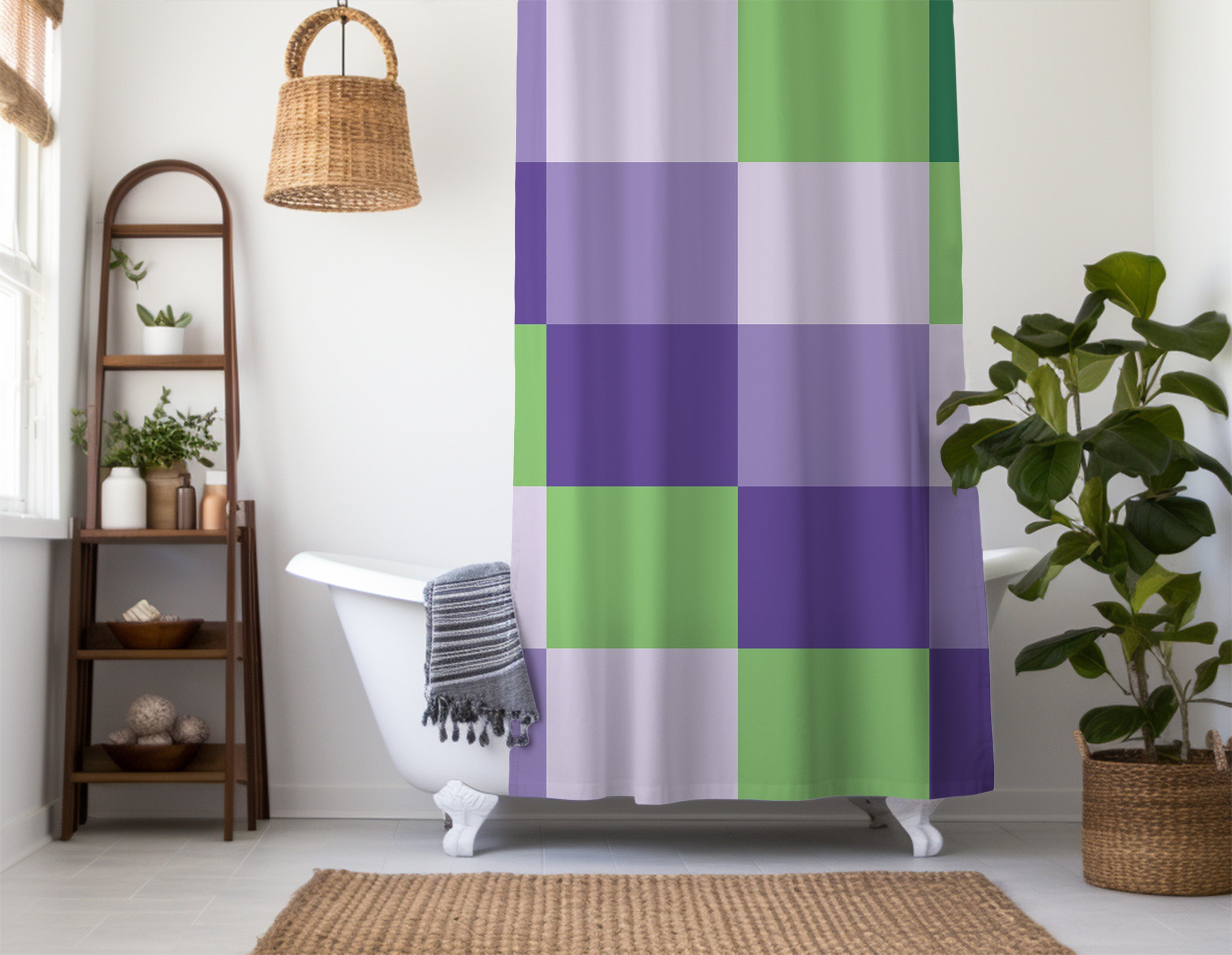 Checkered Green Purple Lavender Shower curtain. Boho Aesthetic, Vibrant Geometric Colorful bathroom, Machine Washable, Polyester, Water and Mildew Resistant, Multiple sizes with Hooks
