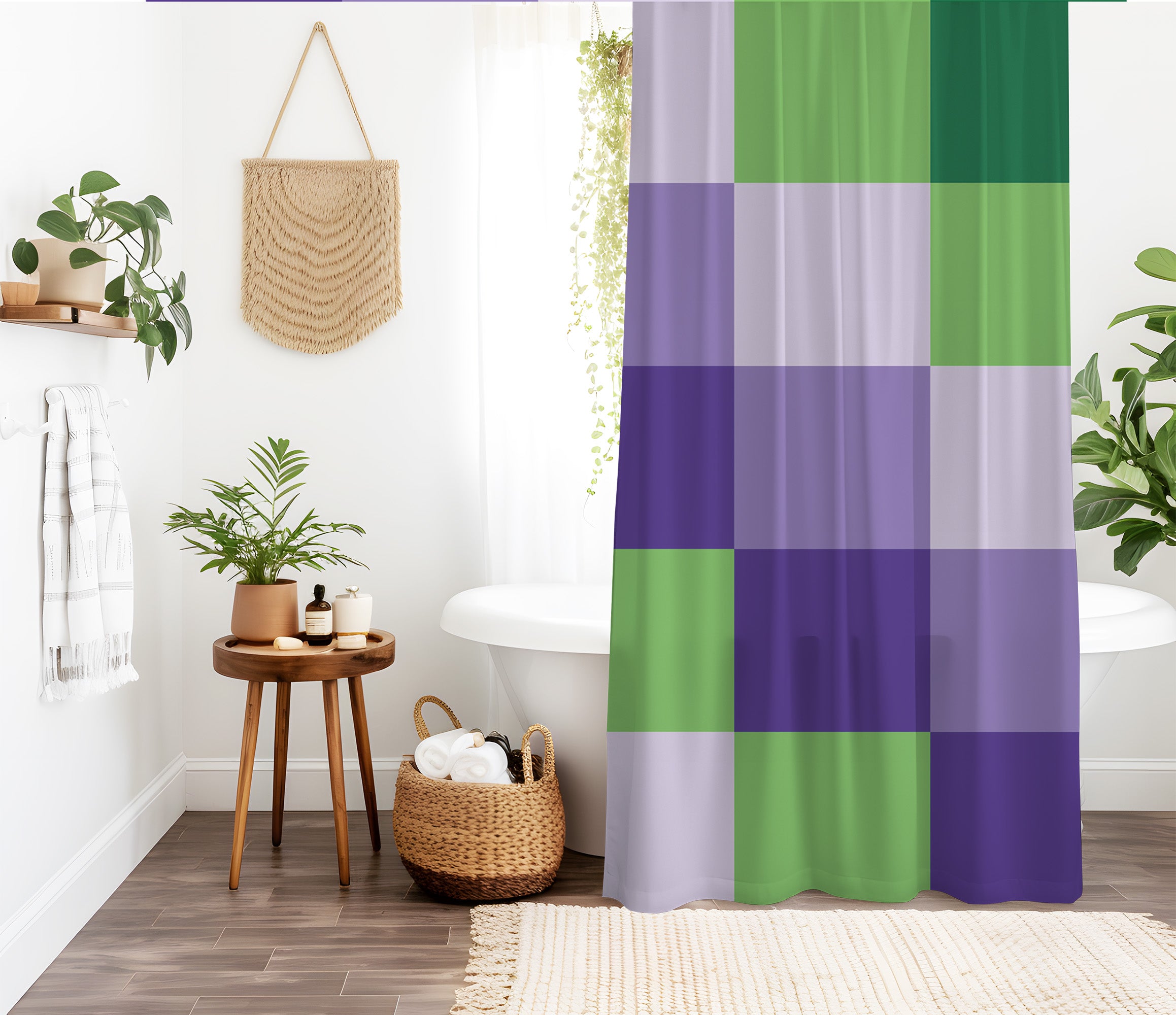 Checkered Green Purple Lavender Shower curtain. Boho Aesthetic, Vibrant Geometric Colorful bathroom, Machine Washable, Polyester, Water and Mildew Resistant, Multiple sizes with Hooks