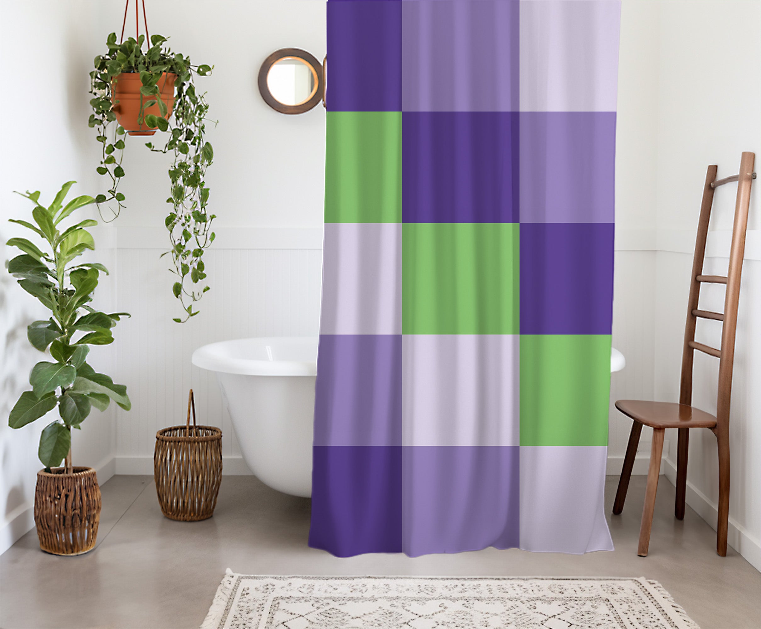 Checkered Green Purple Lavender Shower curtain. Boho Aesthetic, Vibrant Geometric Colorful bathroom, Machine Washable, Polyester, Water and Mildew Resistant, Multiple sizes with Hooks