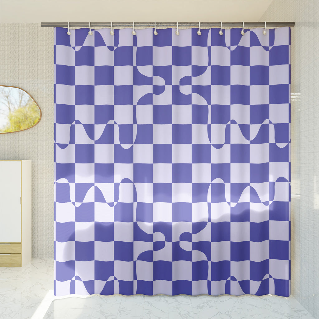purple checkered shower curtain styled bathroom display