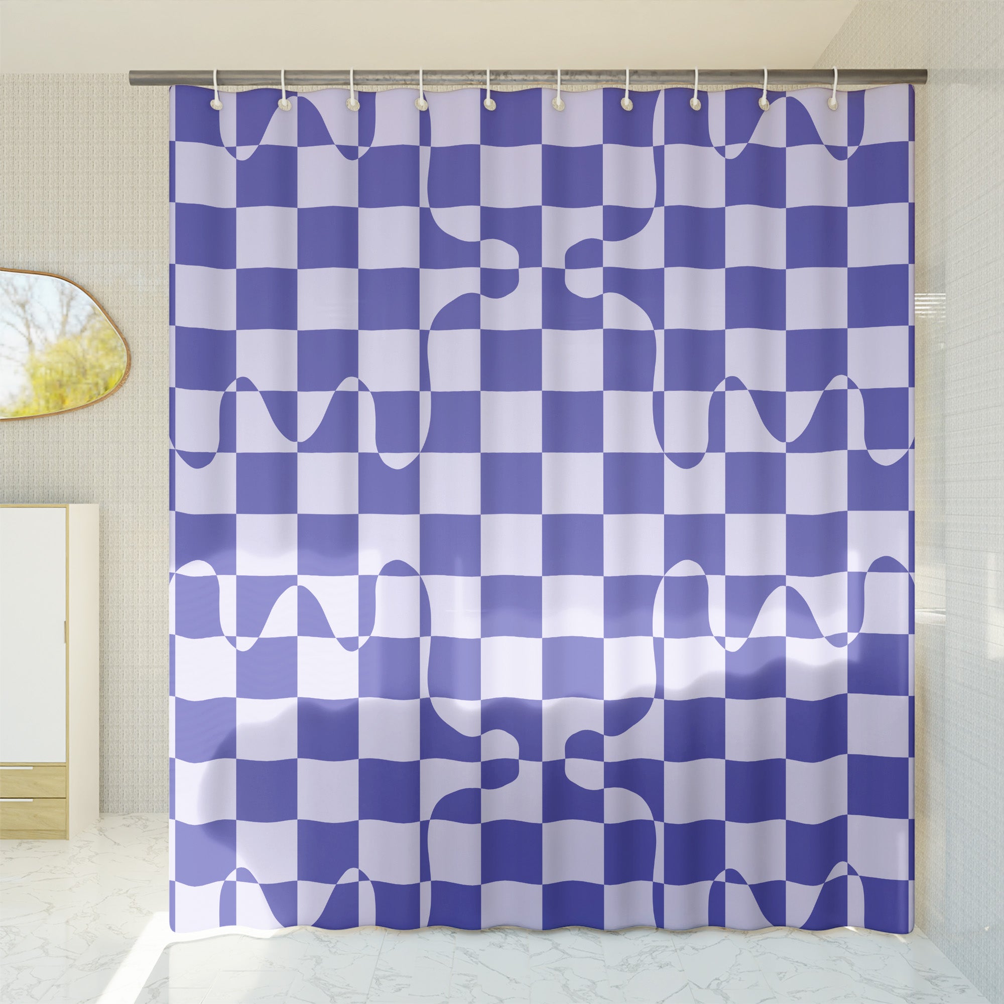 Checkered Purple Lavender Shower curtain. Geometric Boho Aesthetic, Vibrant Colorful bathroom, Machine Washable, Polyester, Water and Mildew Resistant, Multiple sizes with Hooks