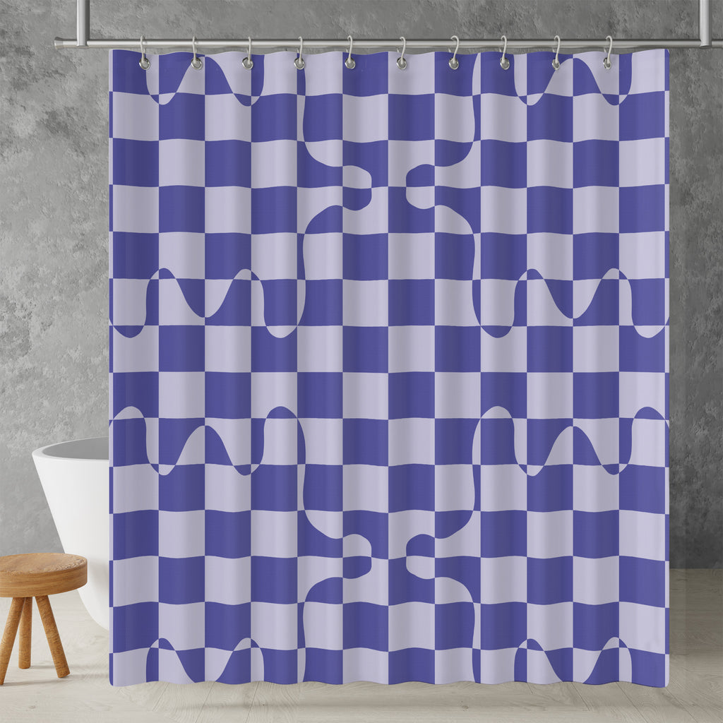 purple checkered shower curtain in a bathroom setting