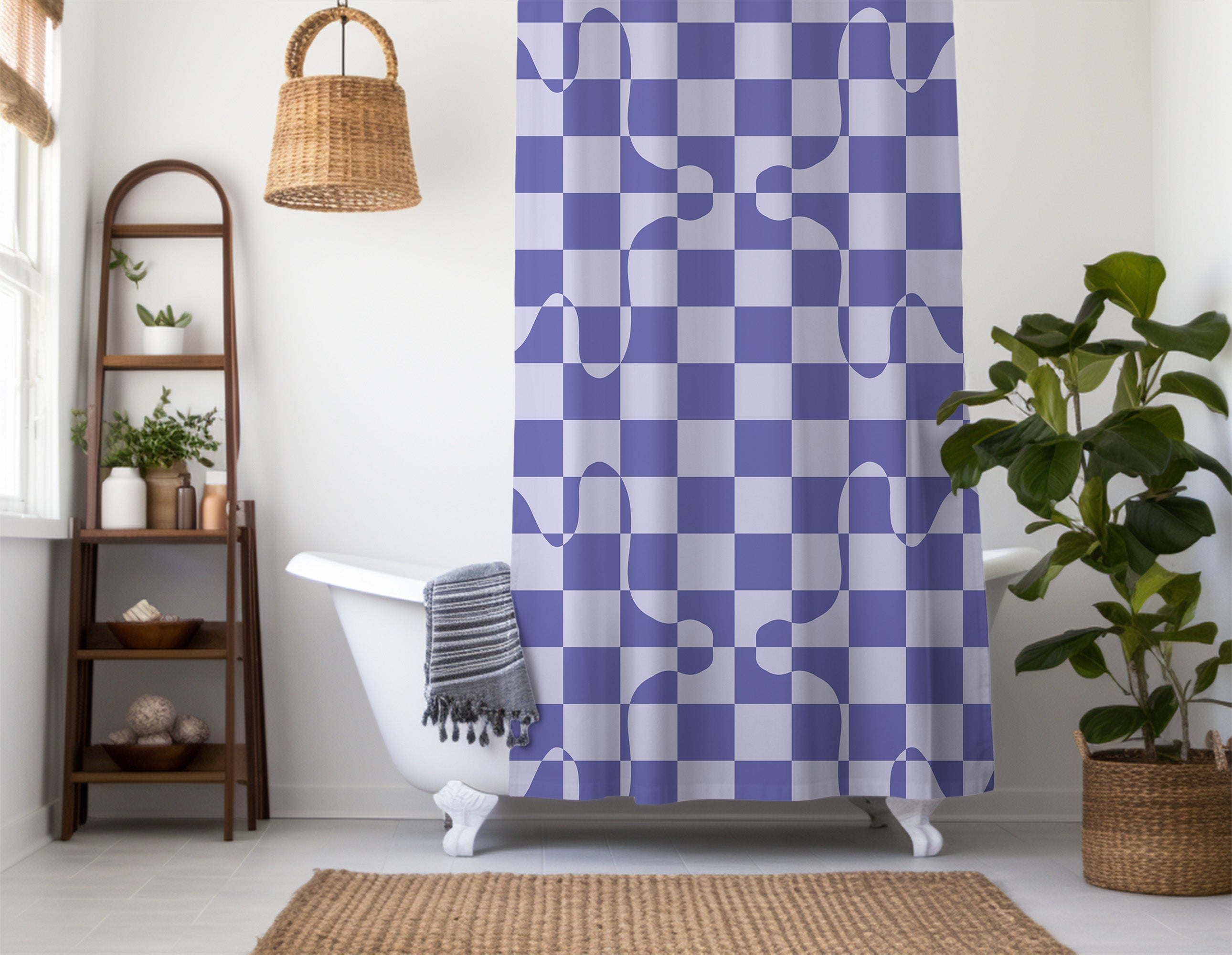 Checkered Purple Lavender Shower curtain. Geometric Boho Aesthetic, Vibrant Colorful bathroom, Machine Washable, Polyester, Water and Mildew Resistant, Multiple sizes with Hooks