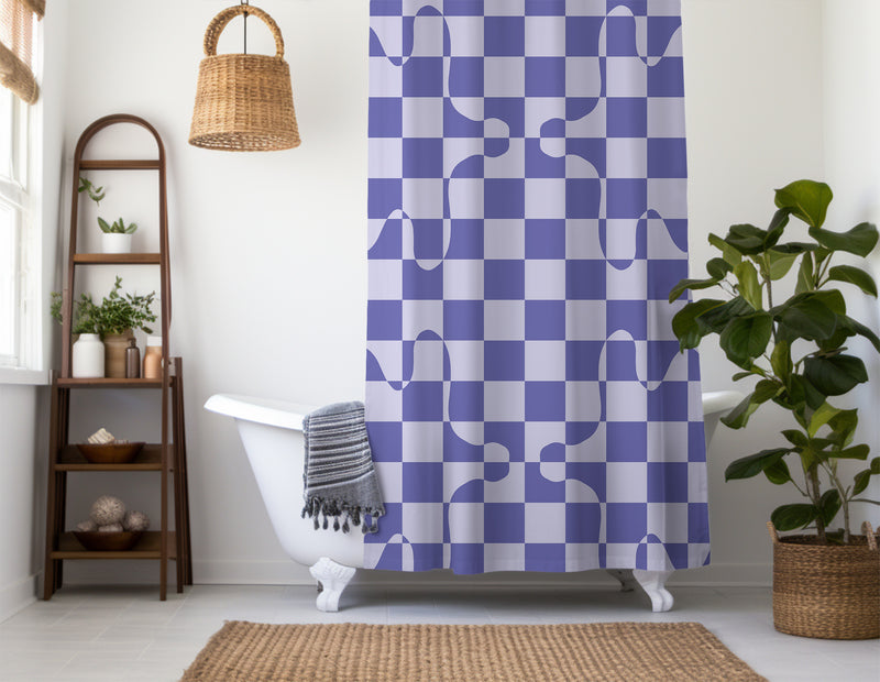 Checkered Shower Curtain – A purple, lavender geometric bright colorful boho aesthetic. Made from water-resistant, lightweight polyester fabric. Available in various sizes.