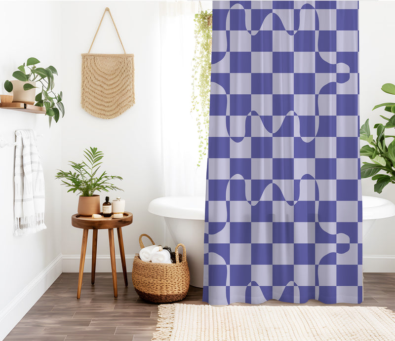 Checkered Shower Curtain – A purple, lavender geometric bright colorful boho aesthetic. Made from water-resistant, lightweight polyester fabric. Available in various sizes.