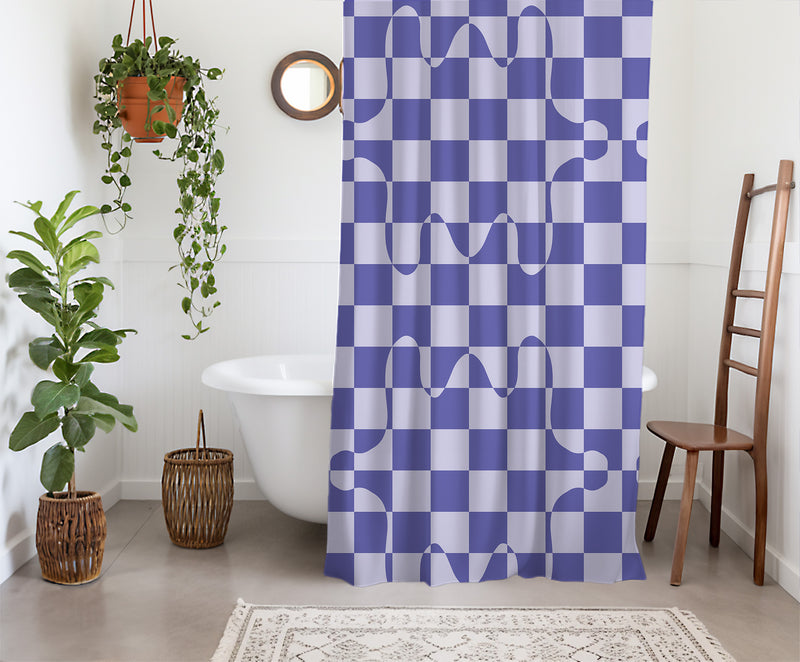 Checkered Shower Curtain – A purple, lavender geometric bright colorful boho aesthetic. Made from water-resistant, lightweight polyester fabric. Available in various sizes.