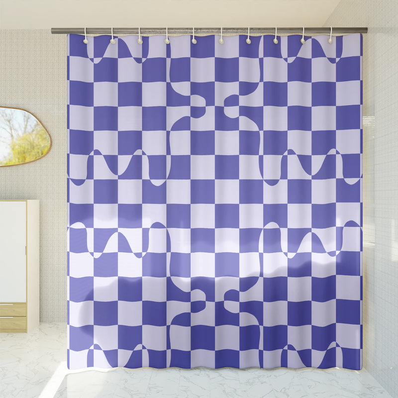 Checkered Shower Curtain – A purple, lavender geometric bright colorful boho aesthetic. Made from water-resistant, lightweight polyester fabric. Available in various sizes.