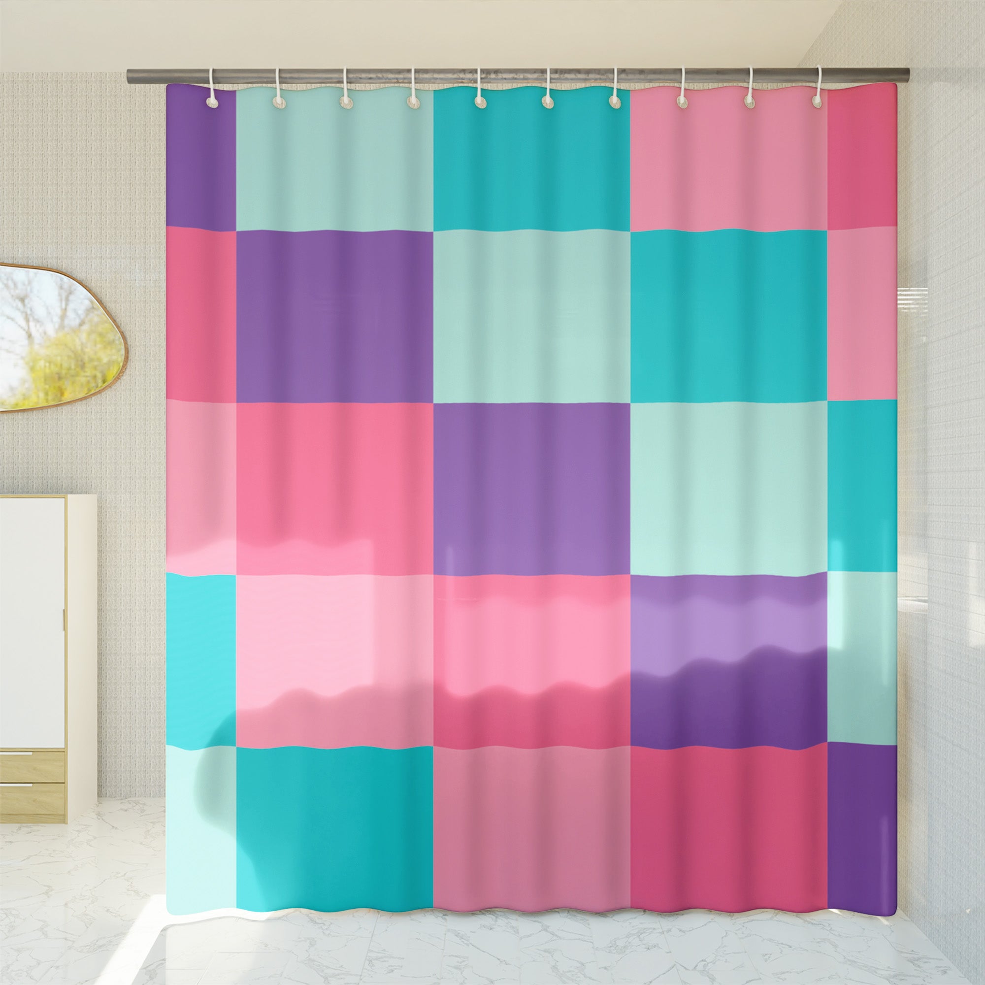 Checkered Shower Curtain: Danish Pastel Aesthetic, Multicolor Geometric Minimalist colorful, Machine Washable Lightweight Polyester, Water & Mildew Resistant, Multiple Sizes with Hooks