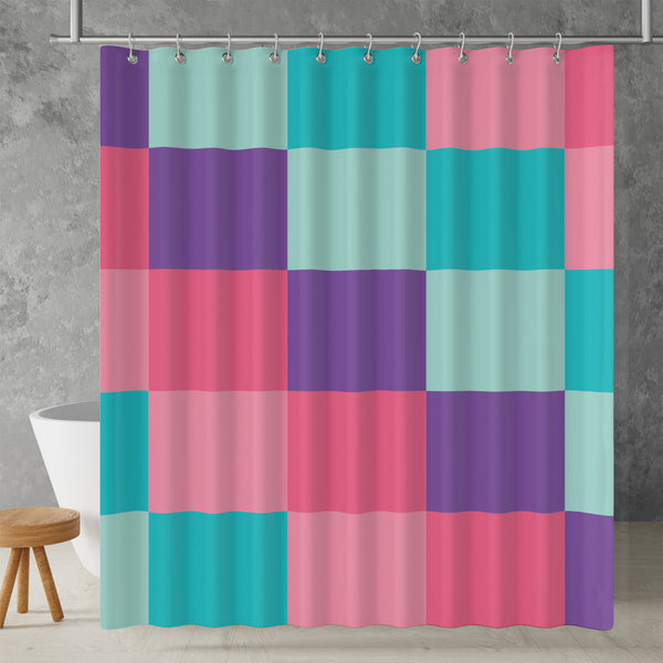 Checkered Shower Curtain – A Danish pastel geometric bright colorful boho aesthetic. Made from water-resistant, lightweight polyester fabric. Available in various sizes.