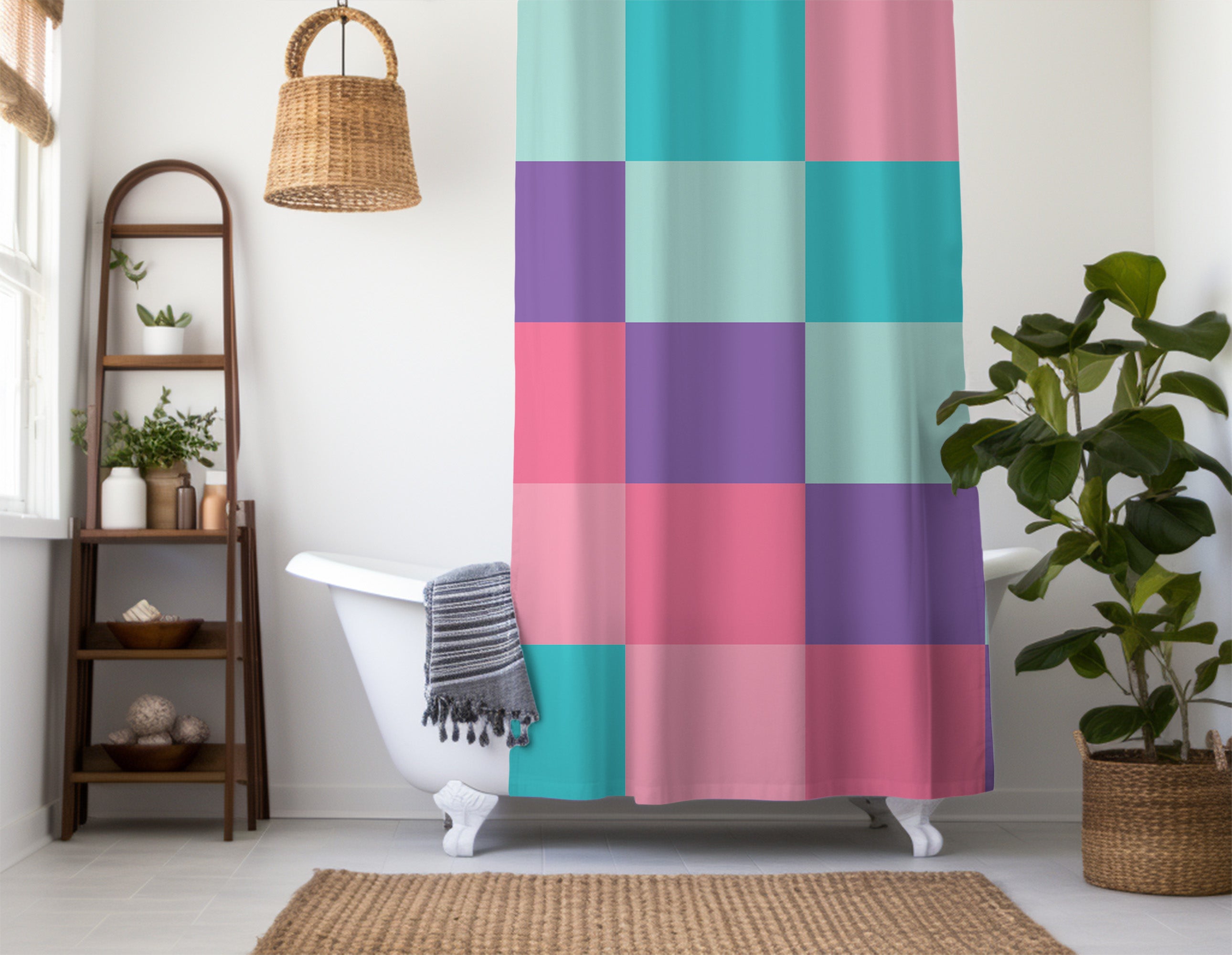 Checkered Shower Curtain: Danish Pastel Aesthetic, Multicolor Geometric Minimalist colorful, Machine Washable Lightweight Polyester, Water & Mildew Resistant, Multiple Sizes with Hooks
