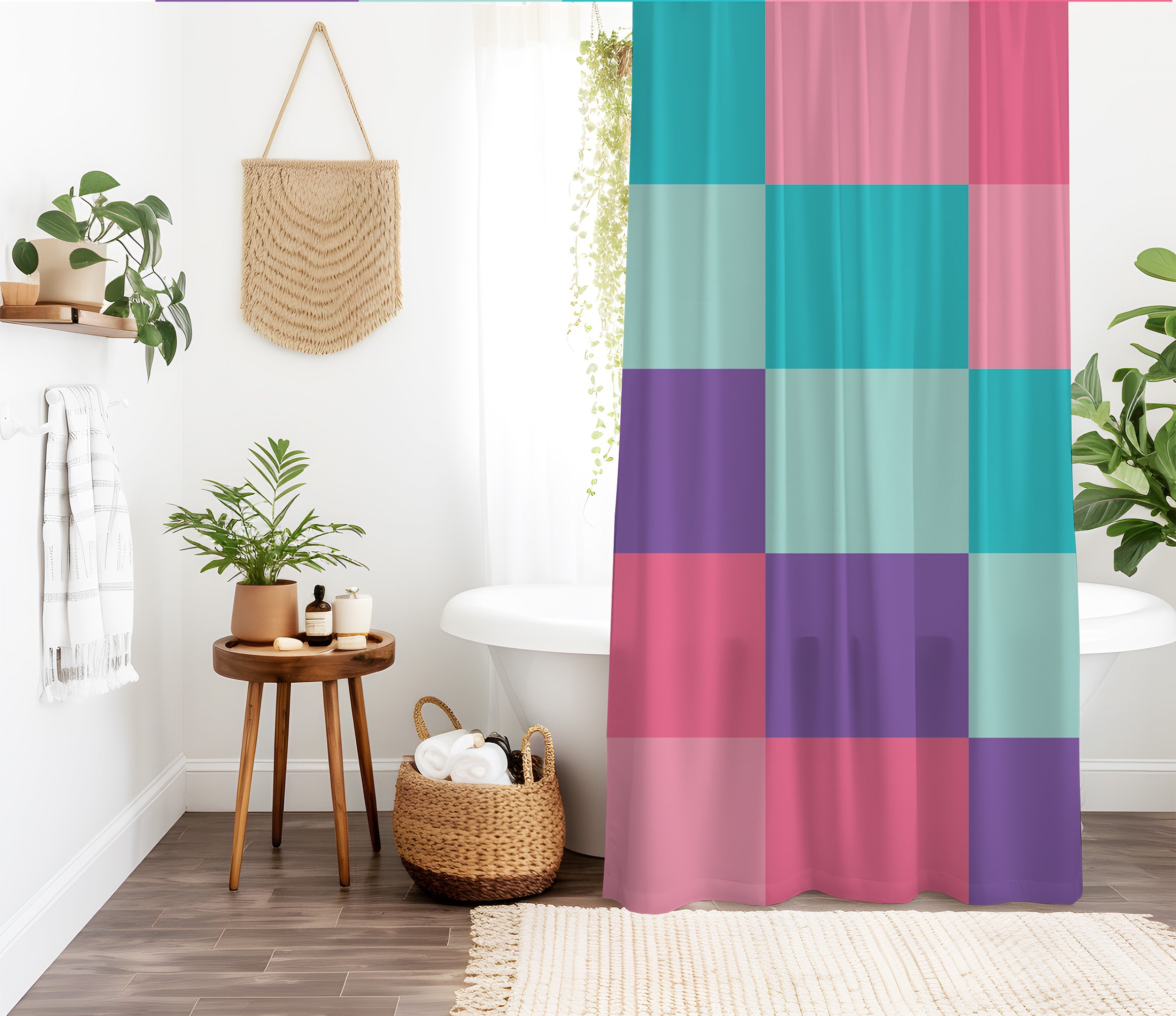 Checkered Shower Curtain: Danish Pastel Aesthetic, Multicolor Geometric Minimalist colorful, Machine Washable Lightweight Polyester, Water & Mildew Resistant, Multiple Sizes with Hooks