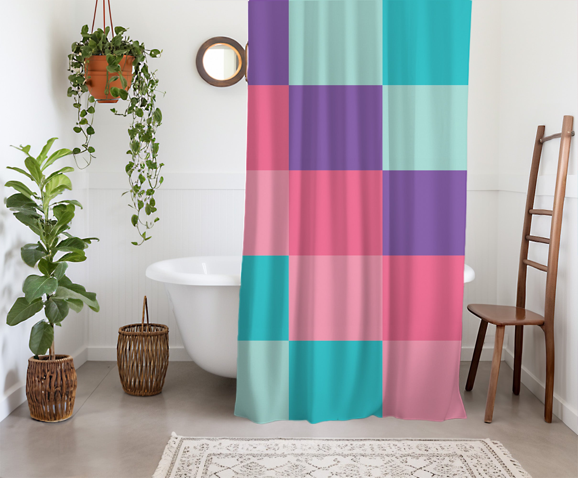 Checkered Shower Curtain: Danish Pastel Aesthetic, Multicolor Geometric Minimalist colorful, Machine Washable Lightweight Polyester, Water & Mildew Resistant, Multiple Sizes with Hooks