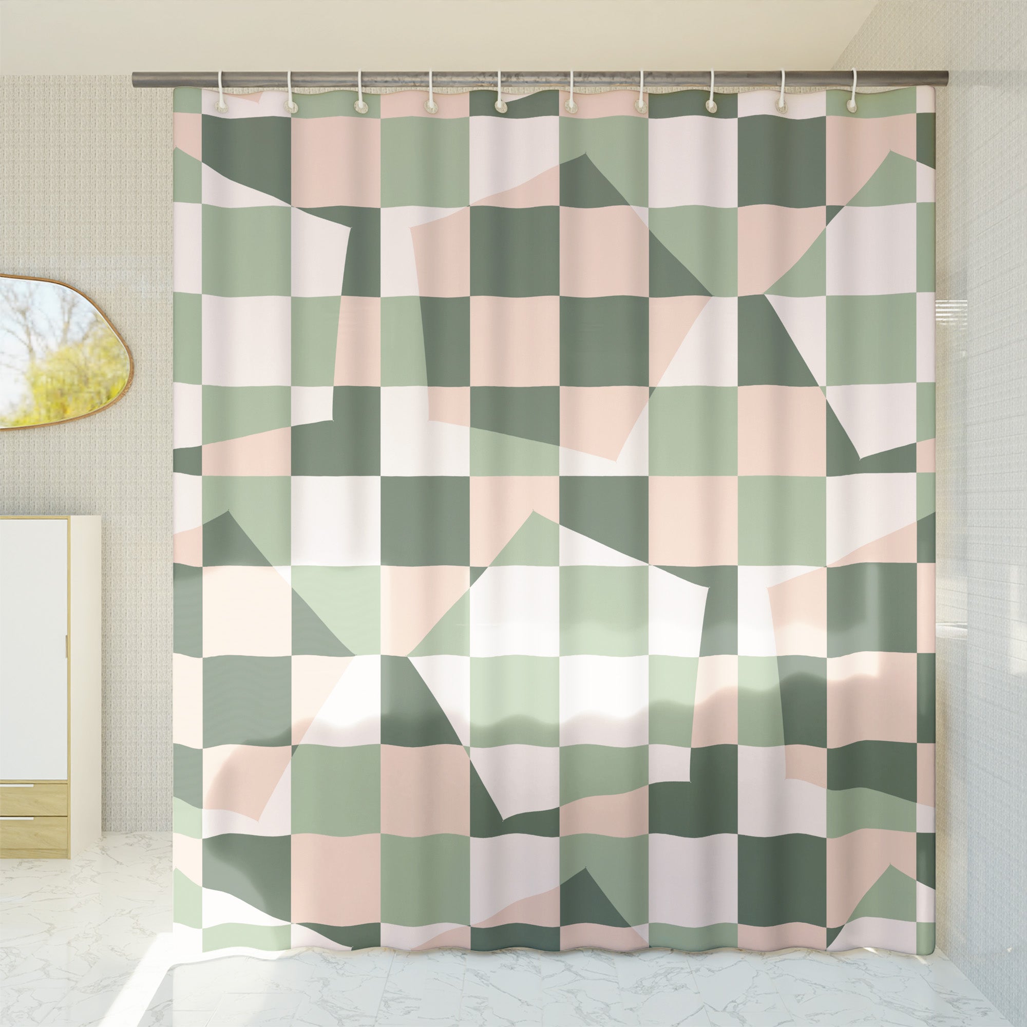 Checkered Shower Curtain, Sage Green Retro Geometric Minimalist Vintage Aesthetic, Machine Washable, Lightweight 100% Polyester, Water and Mildew Resistant, Multiple sizes with Hooks