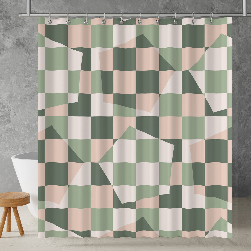 sage green checkered retro geometric shower curtain