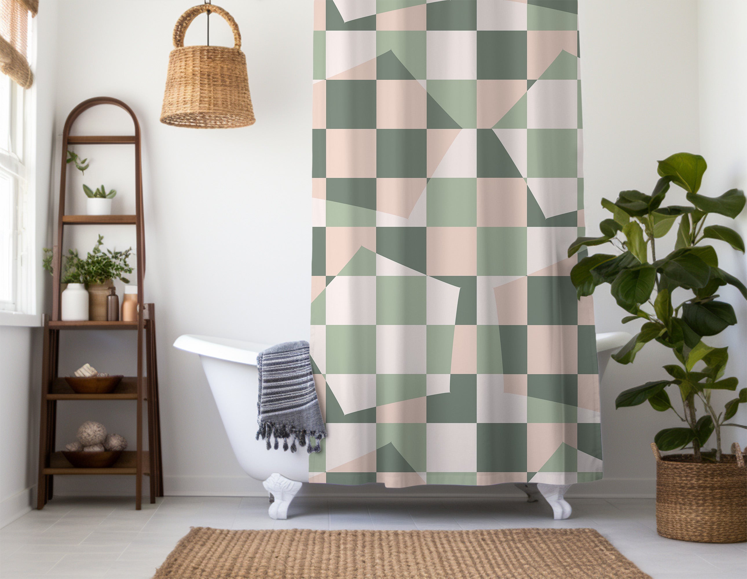 Checkered Shower Curtain, Sage Green Retro Geometric Minimalist Vintage Aesthetic, Machine Washable, Lightweight 100% Polyester, Water and Mildew Resistant, Multiple sizes with Hooks