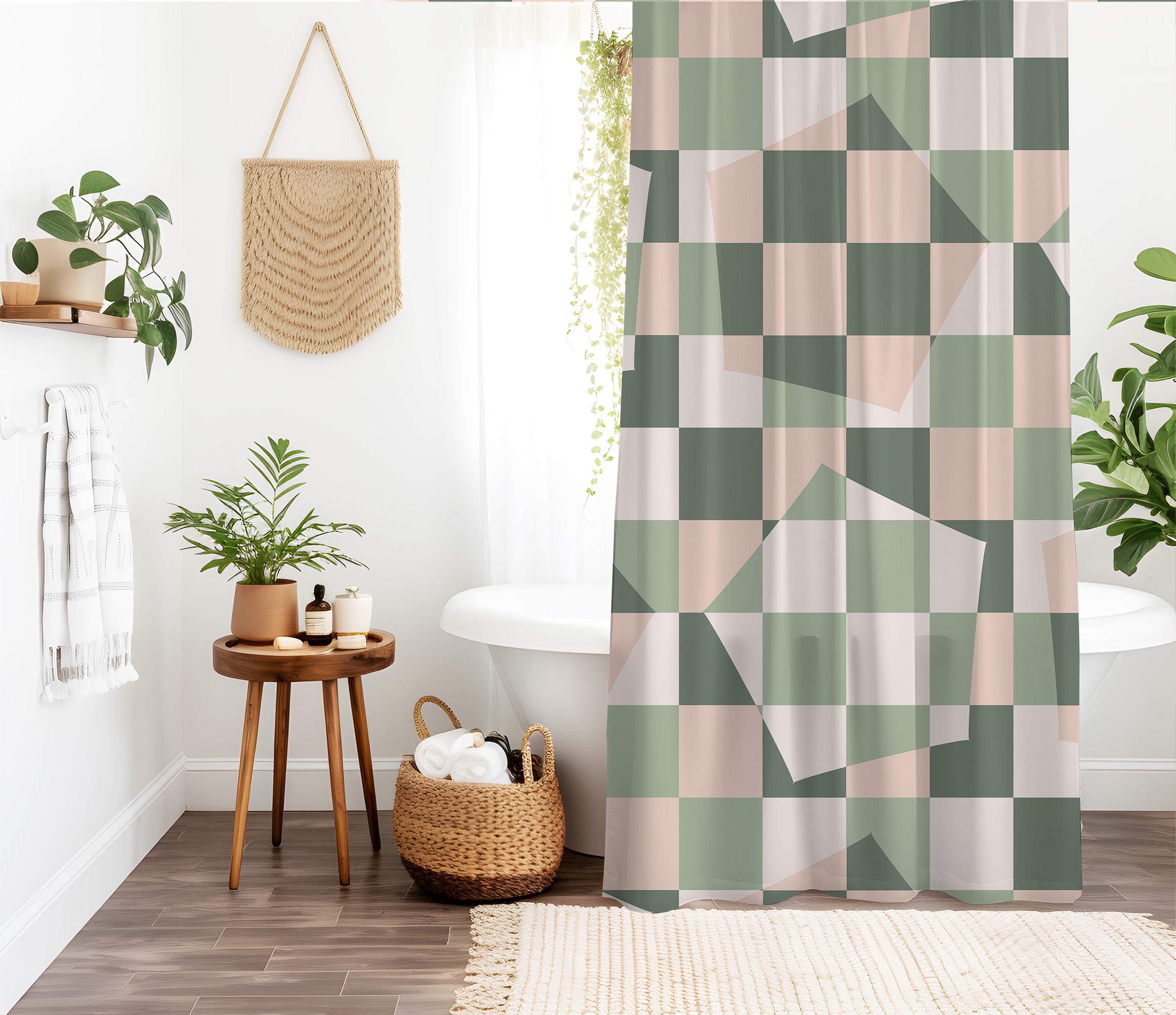 Checkered Shower Curtain, Sage Green Retro Geometric Minimalist Vintage Aesthetic, Machine Washable, Lightweight 100% Polyester, Water and Mildew Resistant, Multiple sizes with Hooks