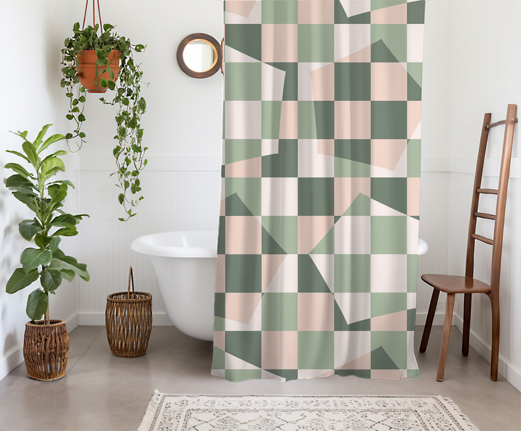 sage green checkered retro geometric shower curtain – bathroom mockup