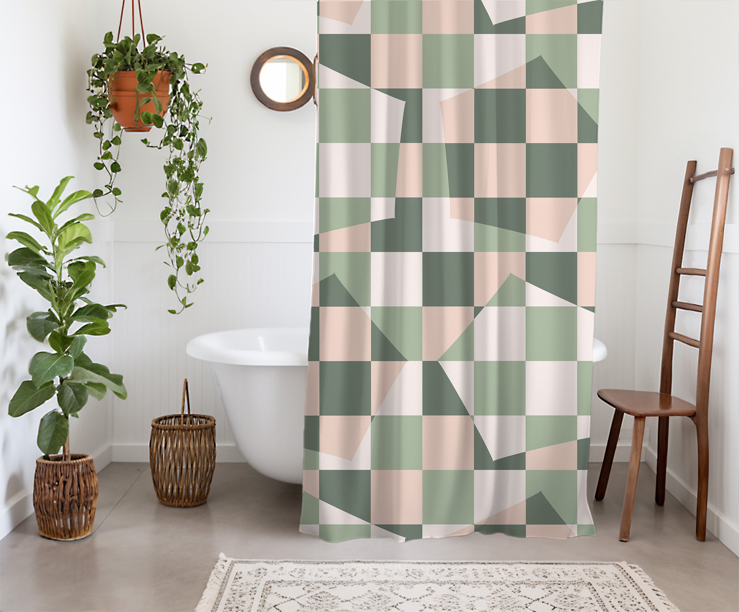 Checkered Shower Curtain, Sage Green Retro Geometric Minimalist Vintage Aesthetic, Machine Washable, Lightweight 100% Polyester, Water and Mildew Resistant, Multiple sizes with Hooks