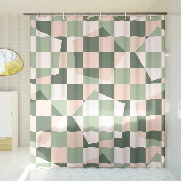 Checkered Shower Curtain – A sage green geometric retro vintage boho aesthetic. Made from water-resistant, lightweight polyester fabric. Available in various sizes.
