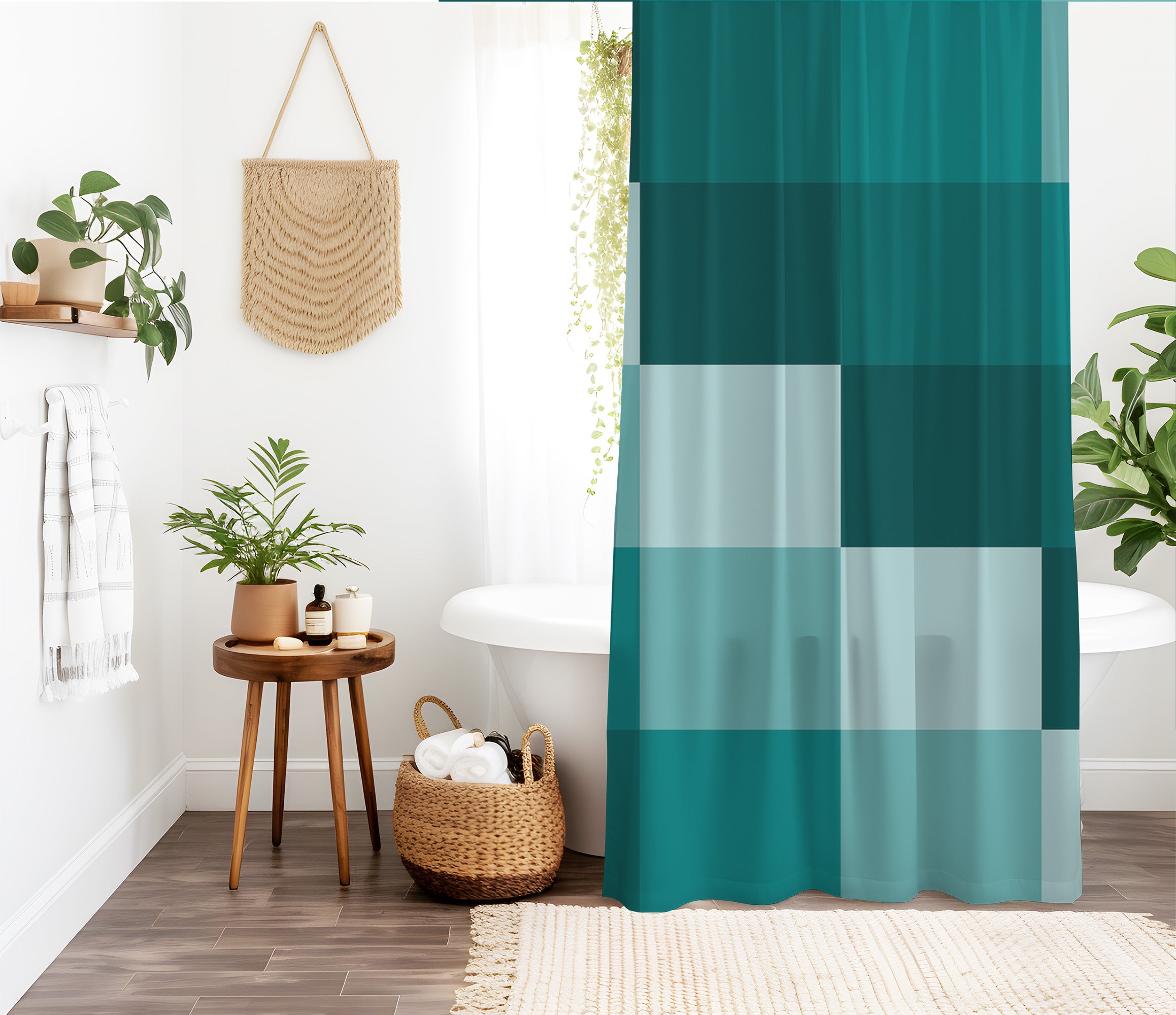 Checkered Shower Curtain: Teal Green Elegant Aesthetic, Geometric Minimalist, Machine Washable Lightweight Polyester, Water & Mildew Resistant, Multiple Sizes with Hooks