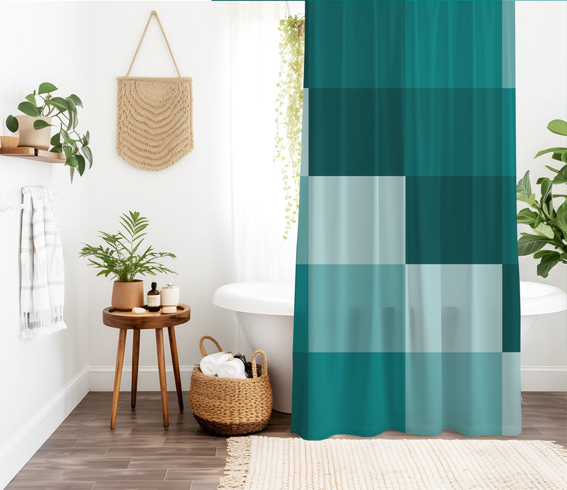 Checkered Shower Curtain – A Teal green geometric retro vintage boho aesthetic. Made from water-resistant, lightweight polyester fabric. Available in various sizes.