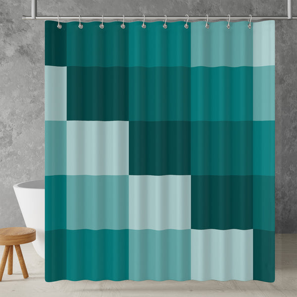 Checkered Shower Curtain – A Teal green geometric retro vintage boho aesthetic. Made from water-resistant, lightweight polyester fabric. Available in various sizes.