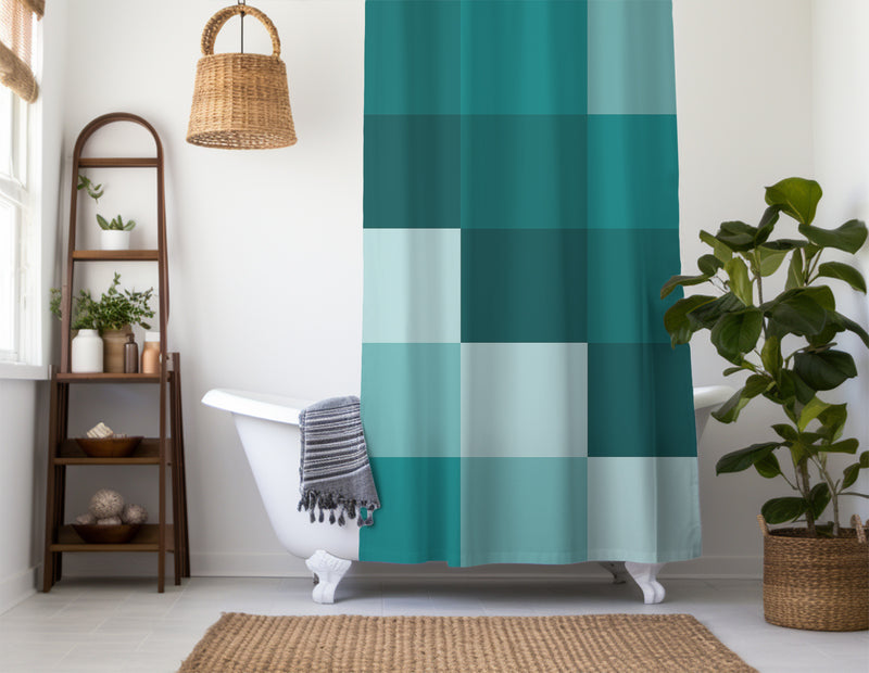 Checkered Shower Curtain – A Teal green geometric retro vintage boho aesthetic. Made from water-resistant, lightweight polyester fabric. Available in various sizes.