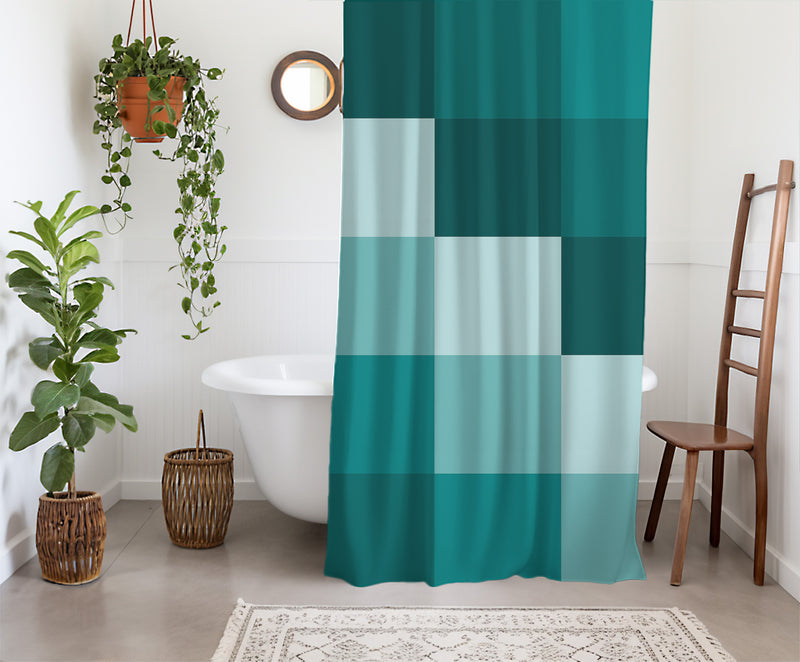 Checkered Shower Curtain – A Teal green geometric retro vintage boho aesthetic. Made from water-resistant, lightweight polyester fabric. Available in various sizes.