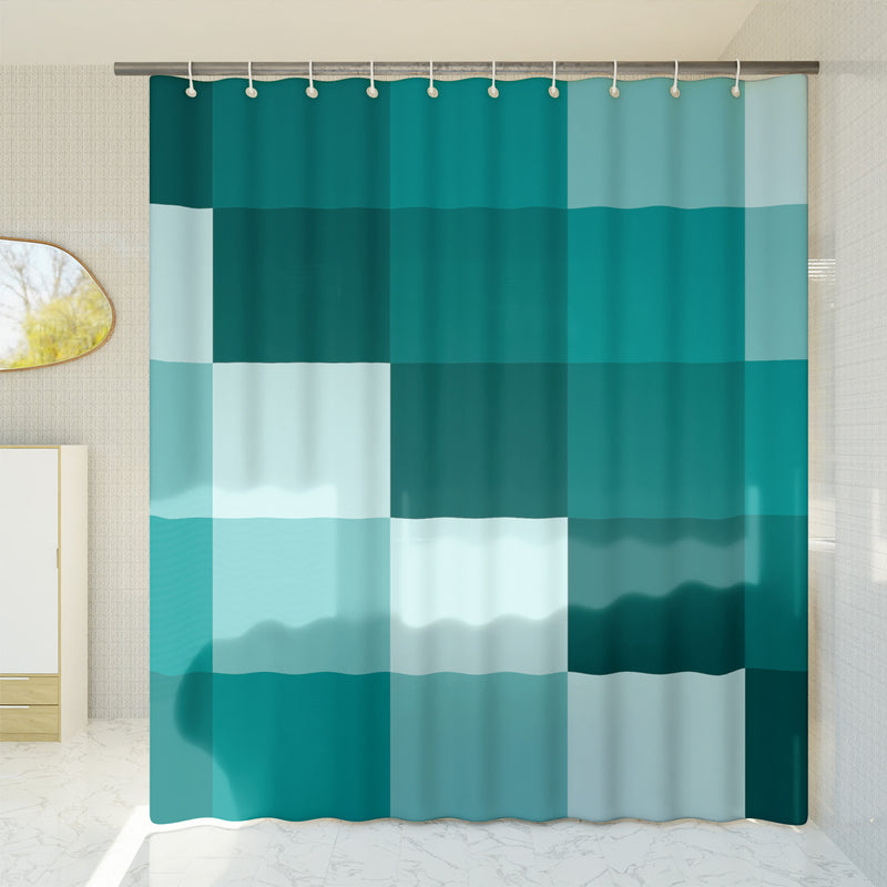 Checkered Shower Curtain – A Teal green geometric retro vintage boho aesthetic. Made from water-resistant, lightweight polyester fabric. Available in various sizes.