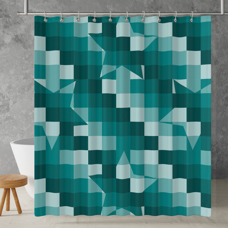 Checkered Shower Curtain: Teal Green Elegant Aesthetic, Geometric Stars Minimalist, Machine Washable Lightweight Polyester, Water & Mildew Resistant, Multiple Sizes with Hooks