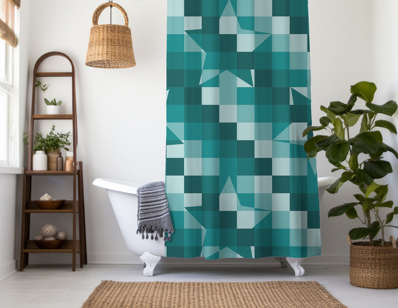 Checkered Shower Curtain: Teal Green Elegant Aesthetic, Geometric Stars Minimalist, Machine Washable Lightweight Polyester, Water & Mildew Resistant, Multiple Sizes with Hooks