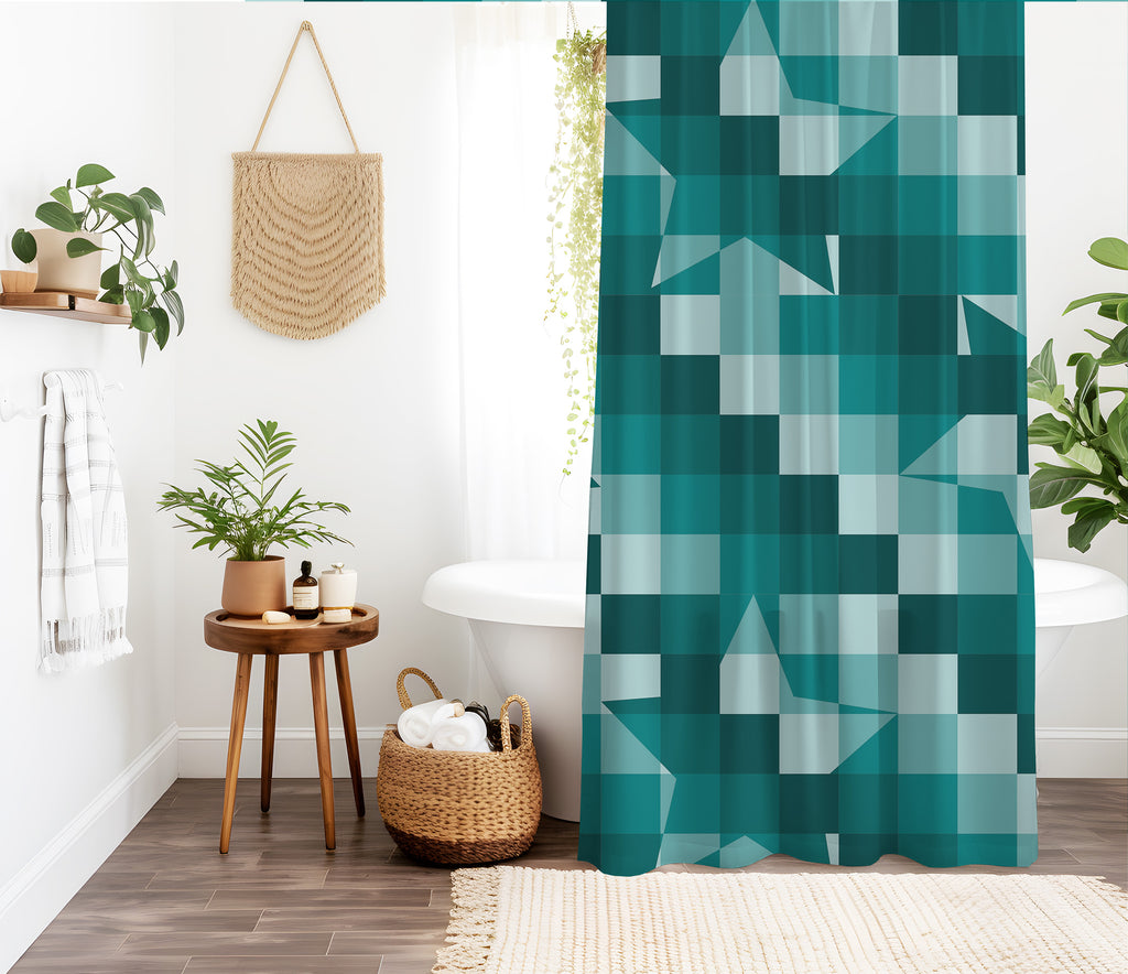 teal star shower curtain styled bathroom display