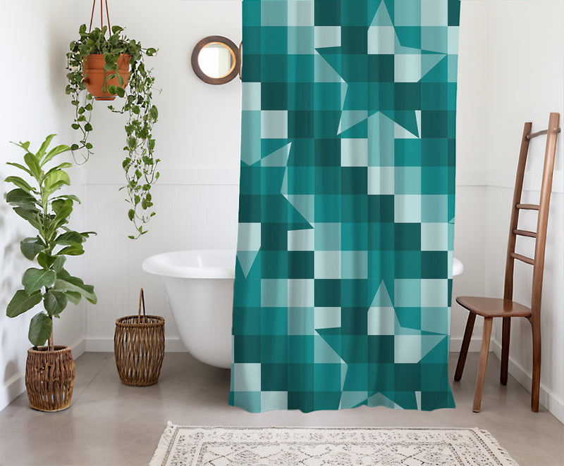 Checkered Shower Curtain: Teal Green Elegant Aesthetic, Geometric Stars Minimalist, Machine Washable Lightweight Polyester, Water & Mildew Resistant, Multiple Sizes with Hooks