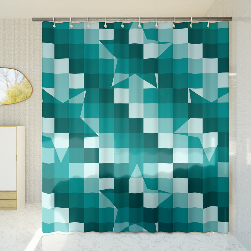 Checkered Shower Curtain: Teal Green Elegant Aesthetic, Geometric Stars Minimalist, Machine Washable Lightweight Polyester, Water & Mildew Resistant, Multiple Sizes with Hooks