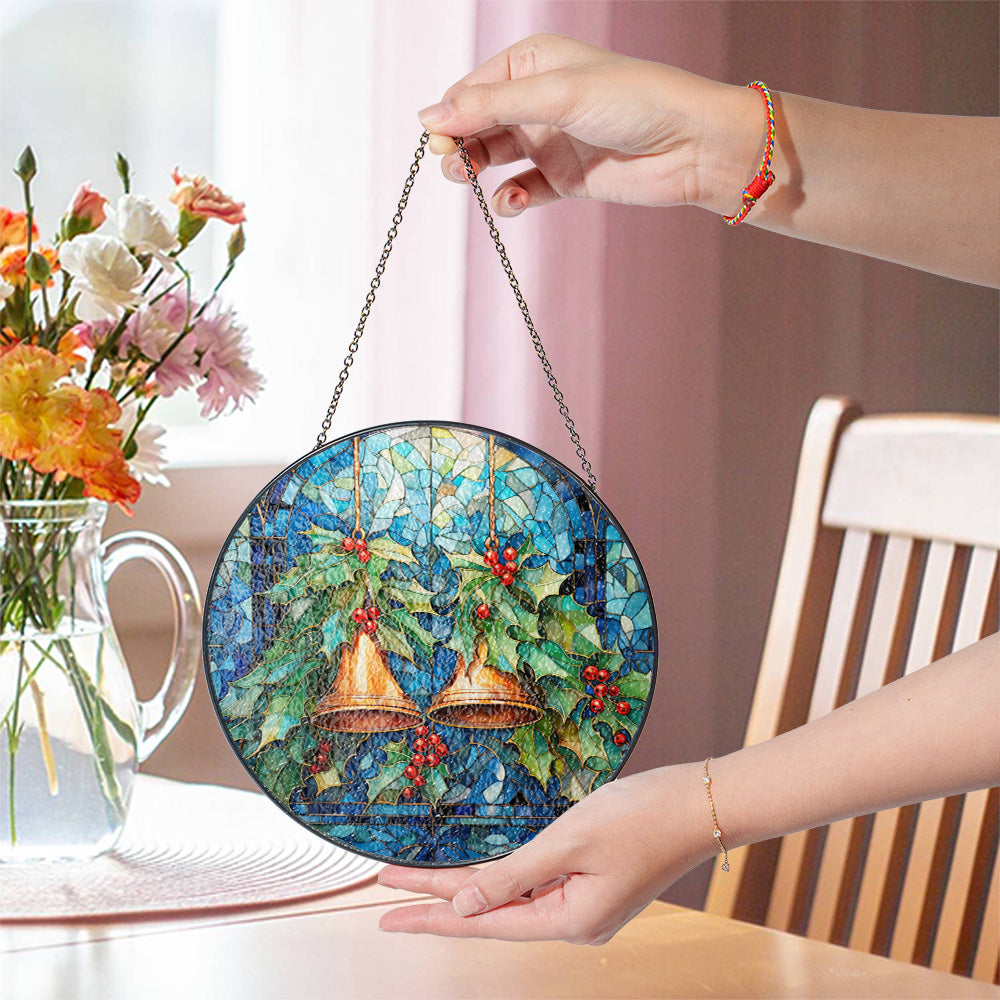 Christmas Stained Glass Suncatcher| Decorative Window Hanging | 6 Sizes | Holiday Decor Accents | Vibrant Textured | Durable Zinc Casing | Blue Bells