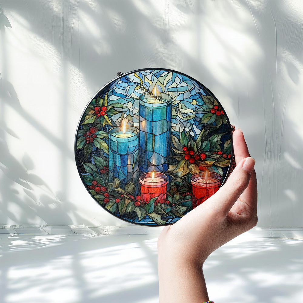 Christmas Stained Glass Suncatcher| Decorative Window Hanging | 6 Sizes | Holiday Decor Accents | Vibrant Textured | Durable Zinc Casing | Blue Candles