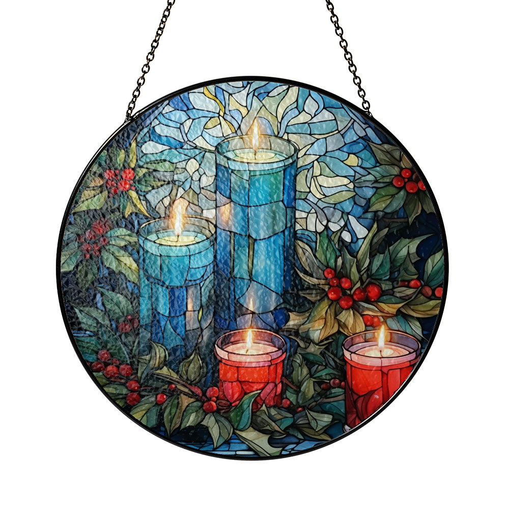 Christmas Stained Glass Suncatcher| Decorative Window Hanging | 6 Sizes | Holiday Decor Accents | Vibrant Textured | Durable Zinc Casing | Blue Candles