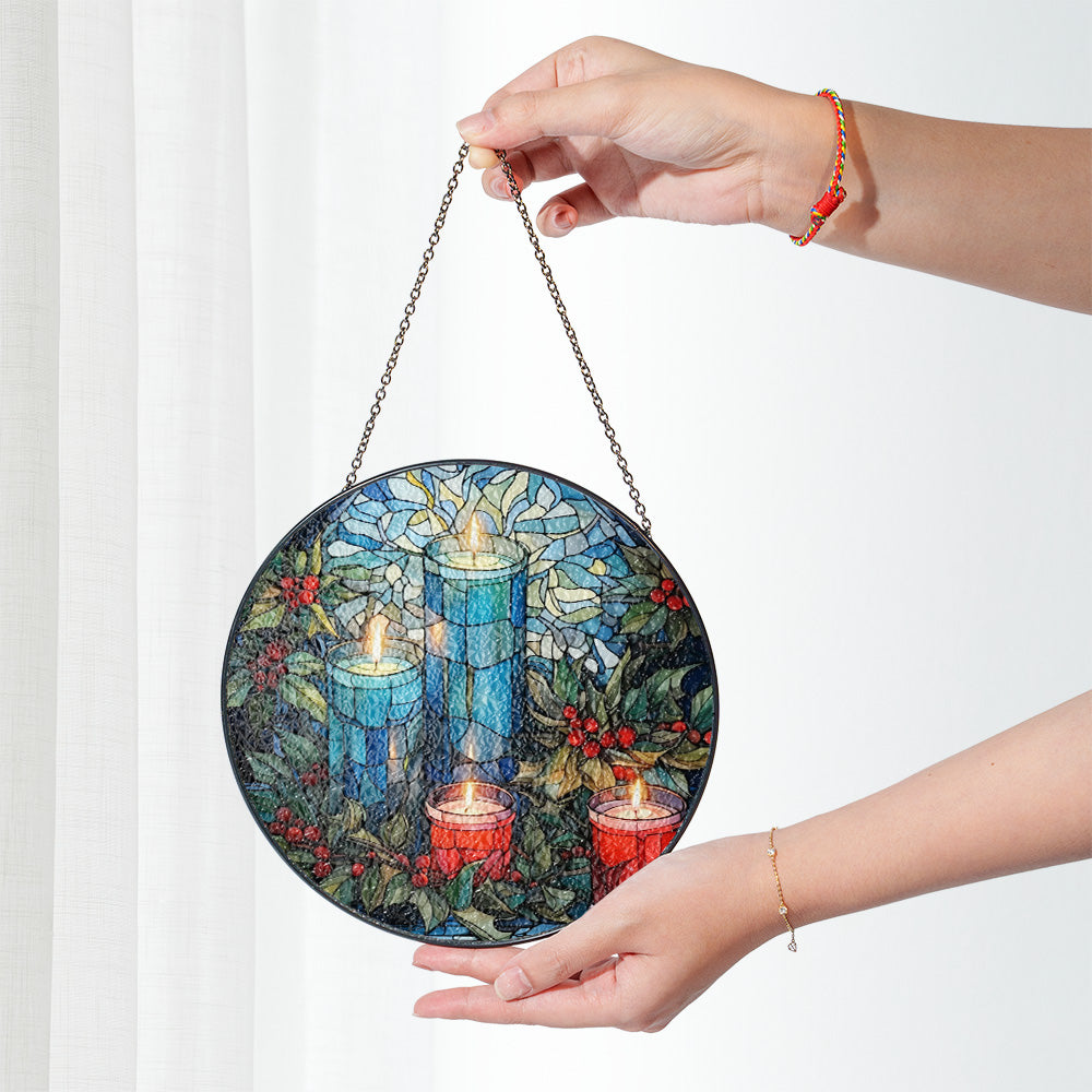 Christmas Stained Glass Suncatcher| Decorative Window Hanging | 6 Sizes | Holiday Decor Accents | Vibrant Textured | Durable Zinc Casing | Blue Candles