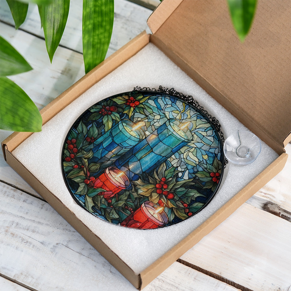 Christmas Stained Glass Suncatcher| Decorative Window Hanging | 6 Sizes | Holiday Decor Accents | Vibrant Textured | Durable Zinc Casing | Blue Candles