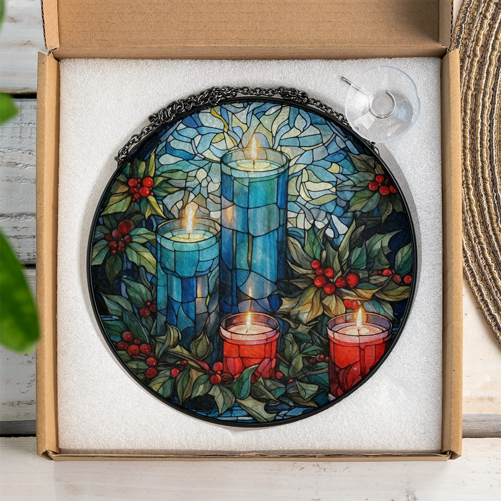 Christmas Stained Glass Suncatcher| Decorative Window Hanging | 6 Sizes | Holiday Decor Accents | Vibrant Textured | Durable Zinc Casing | Blue Candles